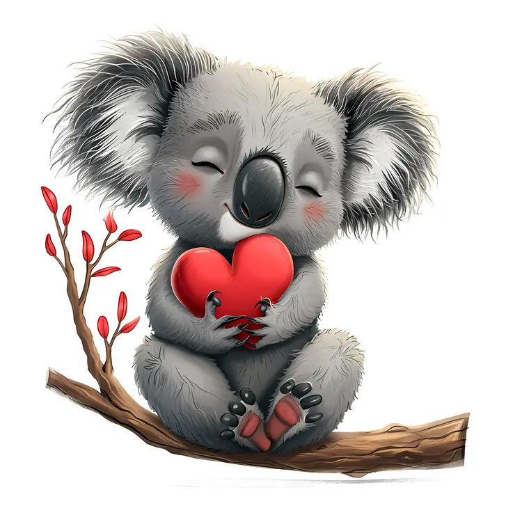 Single Koala Holding Heart on Branch