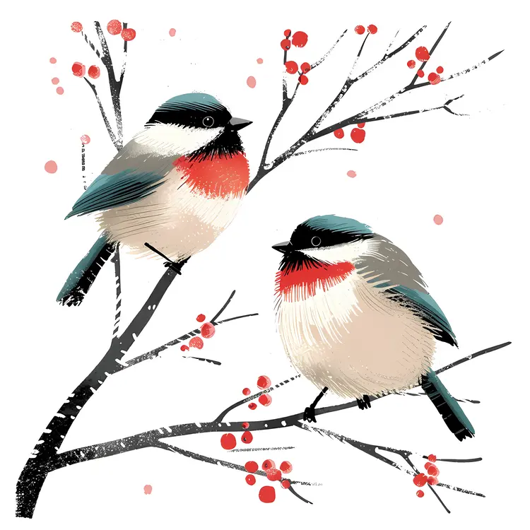 Two Birds on a Branch with Berries