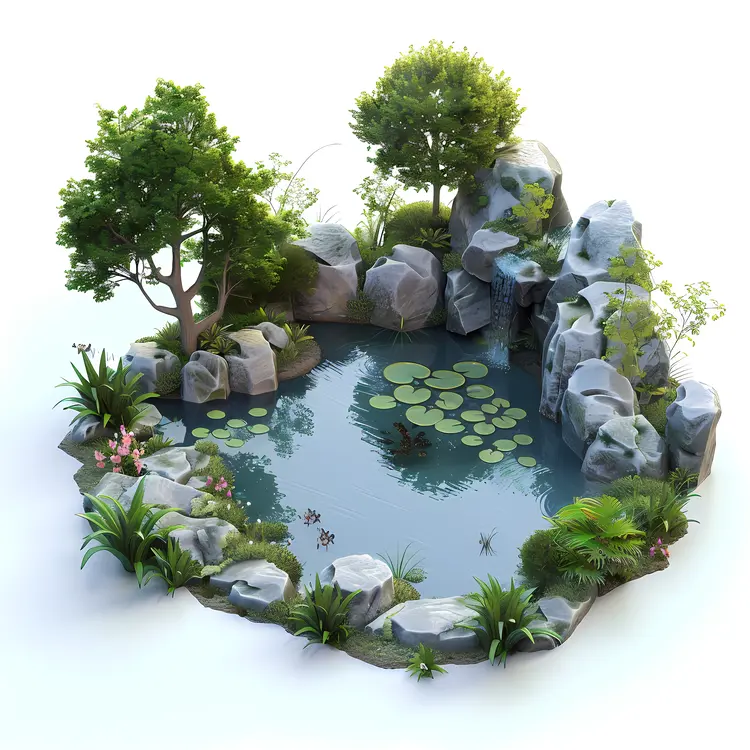 Serene Pond with Lilies and Rocks