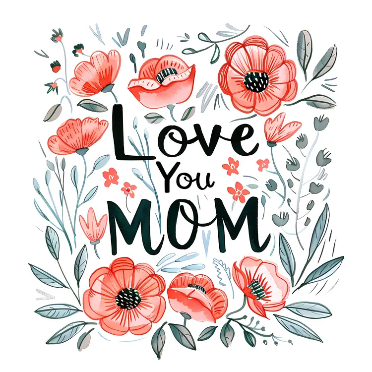 Love You Mom with Red Flowers and Hearts
