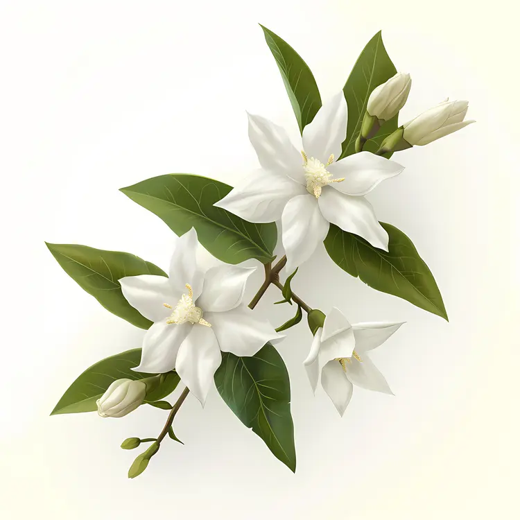 White Flowers with Green Leaves on Branch