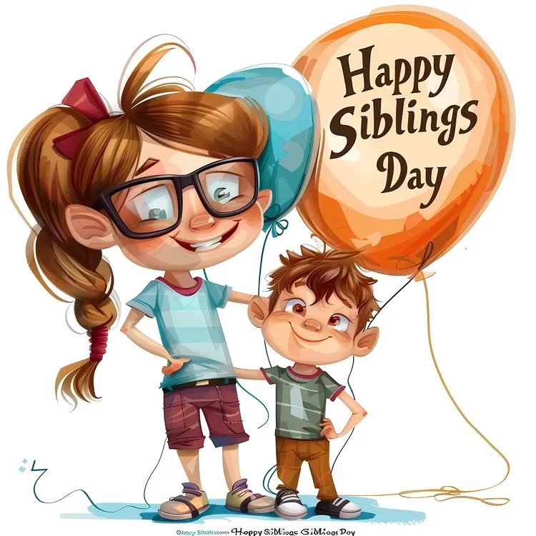 Happy Siblings Day Celebration with Two Children and Balloons