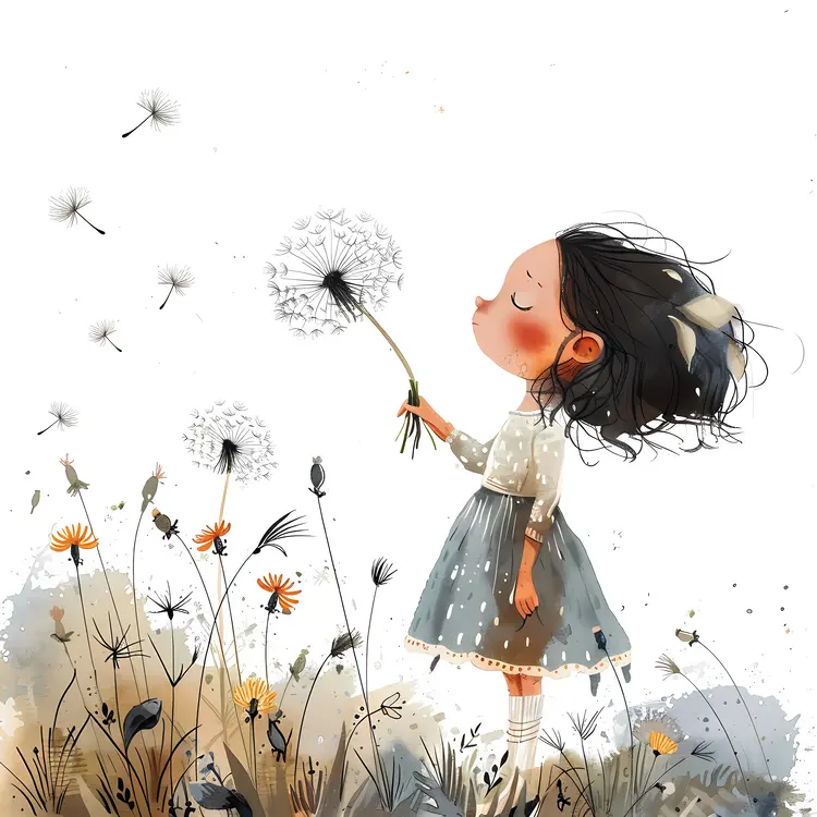 Cute Girl with Dandelion in Flower Field