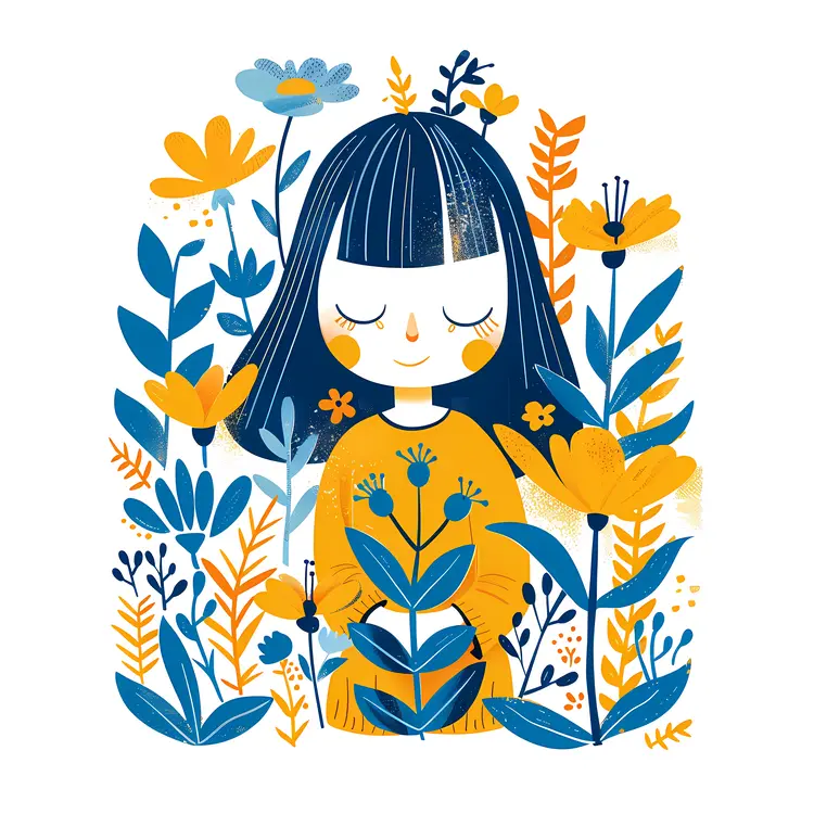 Cute Girl with Flowers in Blue and Yellow Illustration