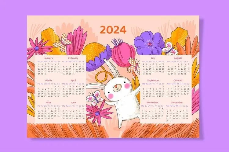 Cute 2024 Calendar with Flowers and Bunny