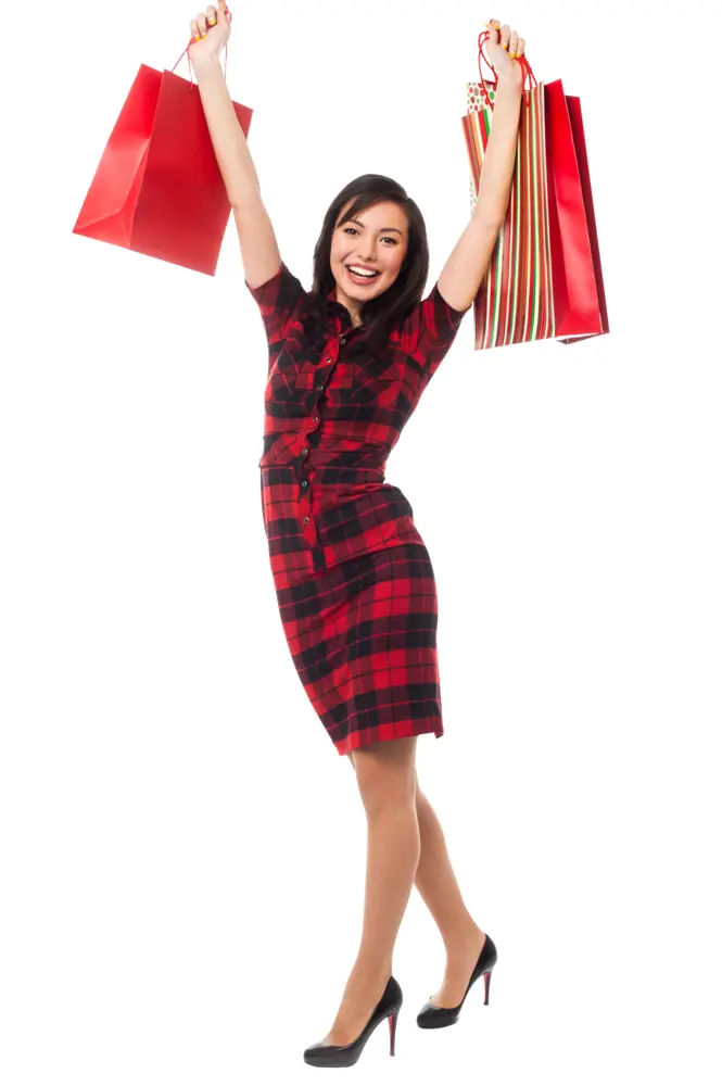 Woman in Plaid Dress Holding Shopping Bags