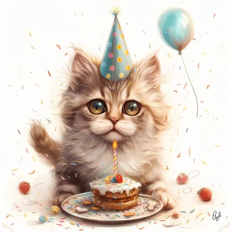 Adorable Cat with Party Hat and Birthday Cake