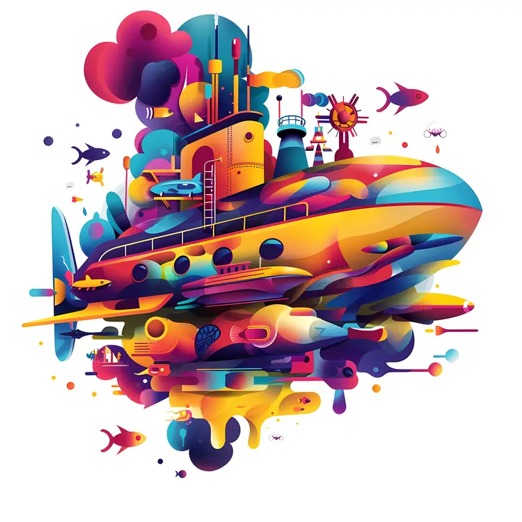 Vibrant Submarine with Fish Illustration