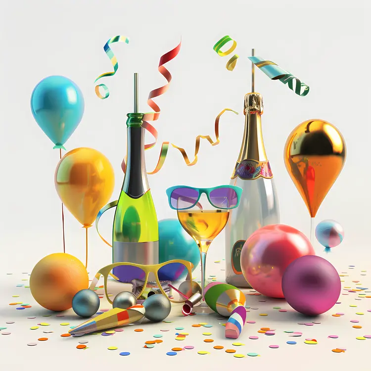 Champagne Bottles and Glasses with Balloons