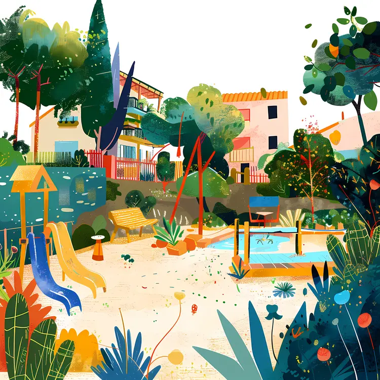 Colorful Playground with Slides and Pool