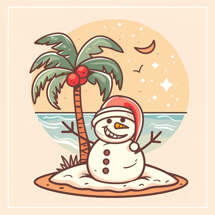 Snowman and Palm Tree on a Tropical Beach