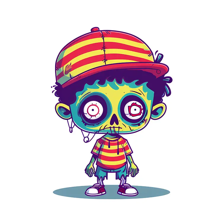 Green Zombie Cartoon Character with Striped Cap