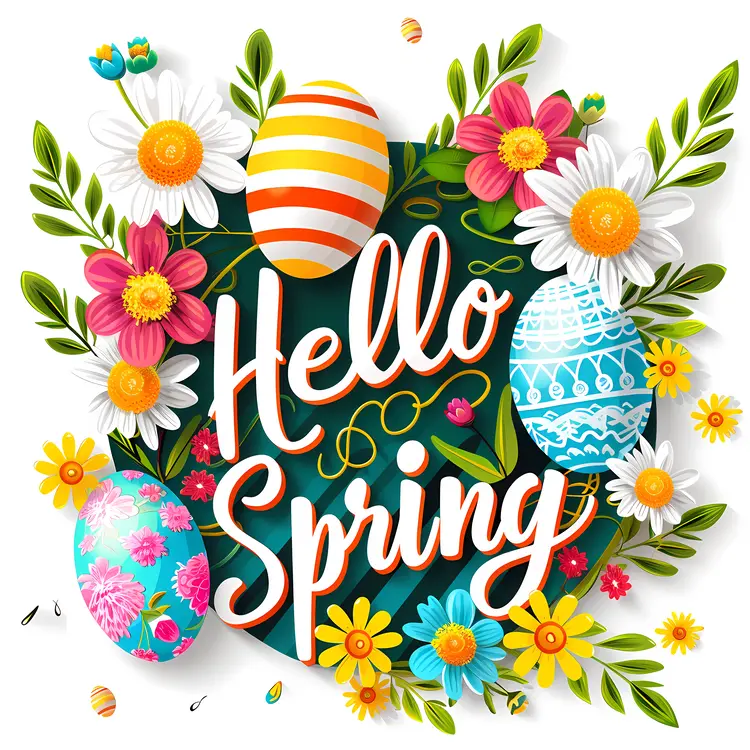 Hello Spring with Bright Flowers and Decorated Eggs