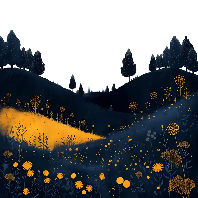 Dark Field with Yellow Flowers and Trees
