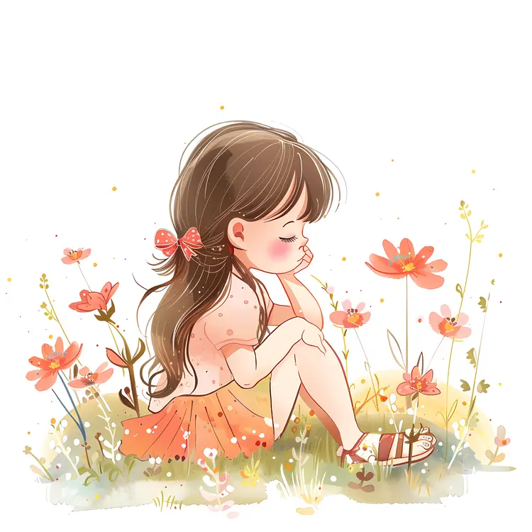 Little Girl Sitting Among Orange Flowers
