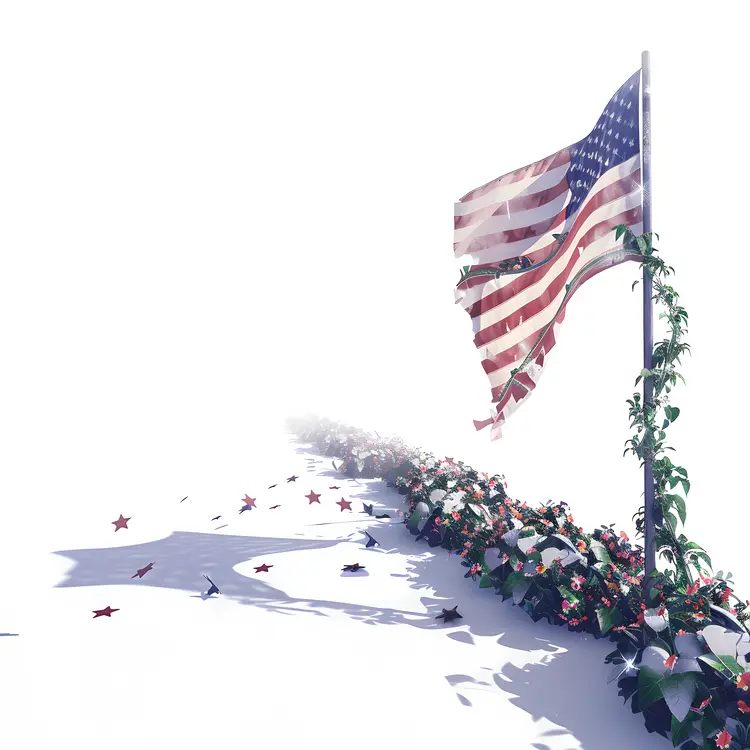 American Flag with Flowers and Shadow