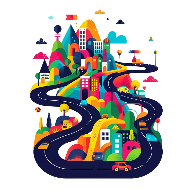 Colorful Cityscape with Winding Road
