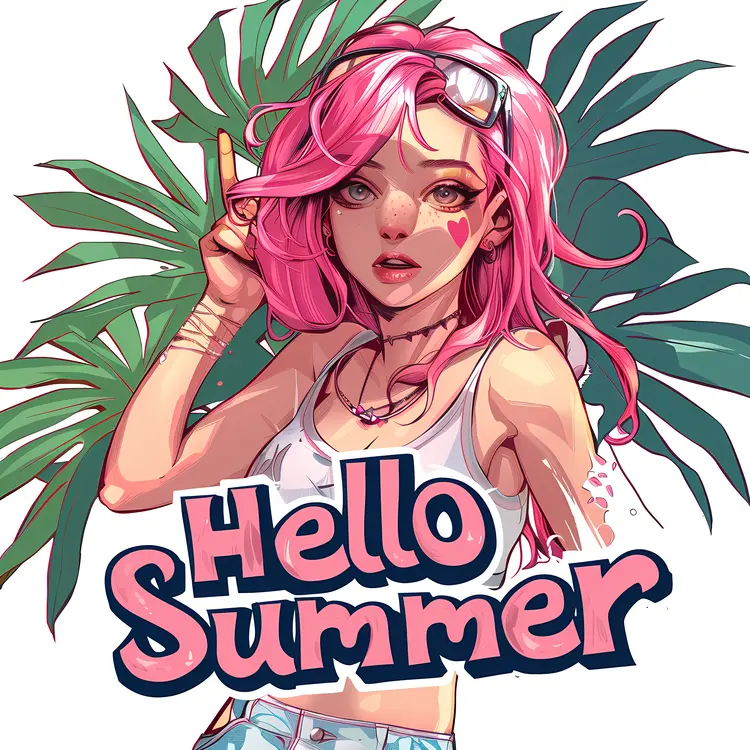Hello Summer Text with Pink-Haired Anime Girl