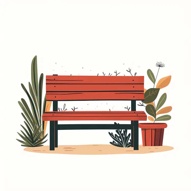 Red Bench with Potted Plant