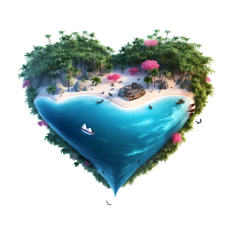 Heart-shaped Tropical Island with Beach