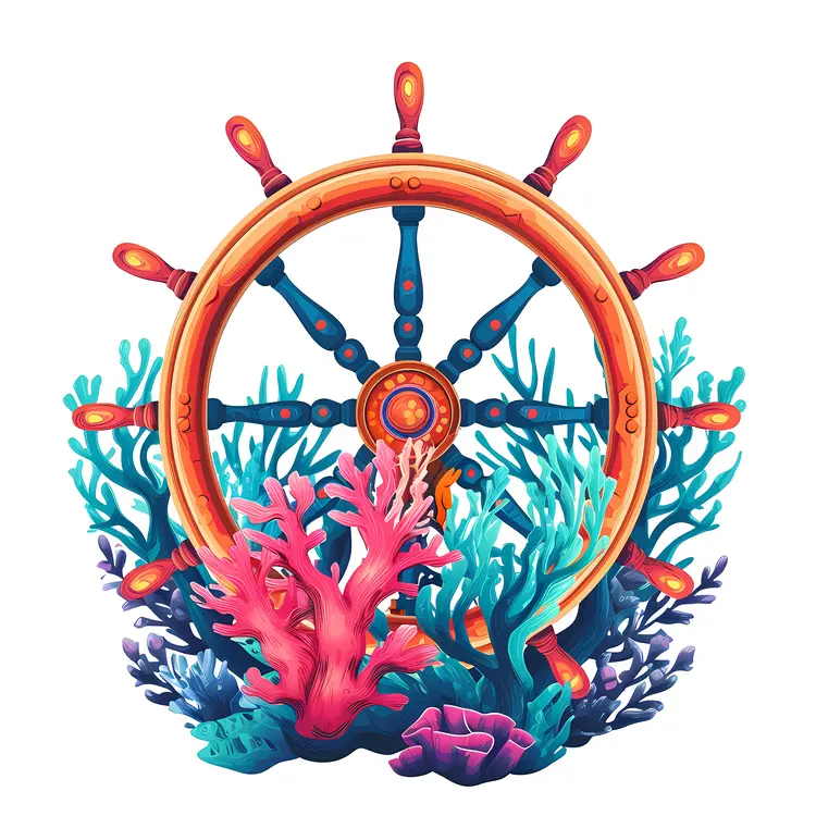 Colorful Ship Wheel with Coral