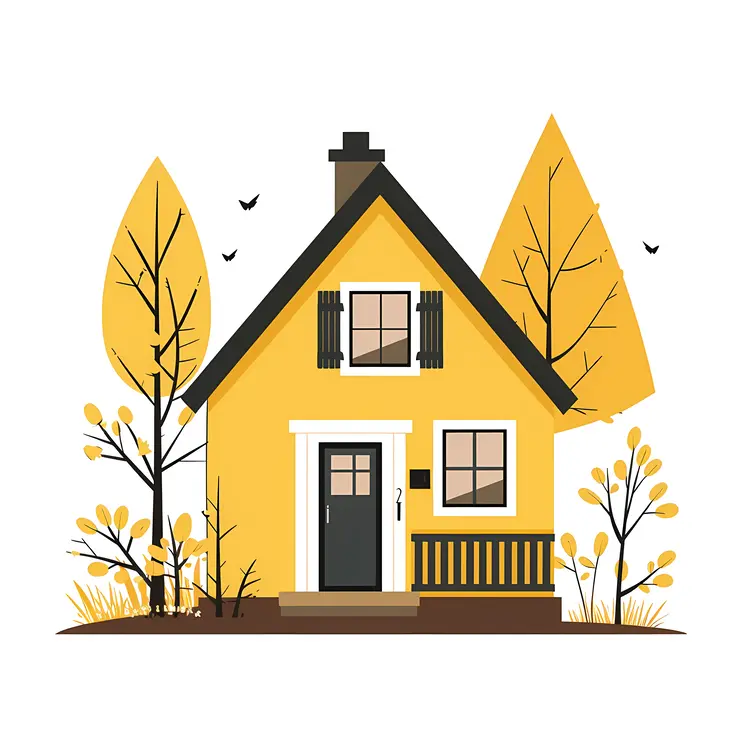 Yellow House with Trees and Birds