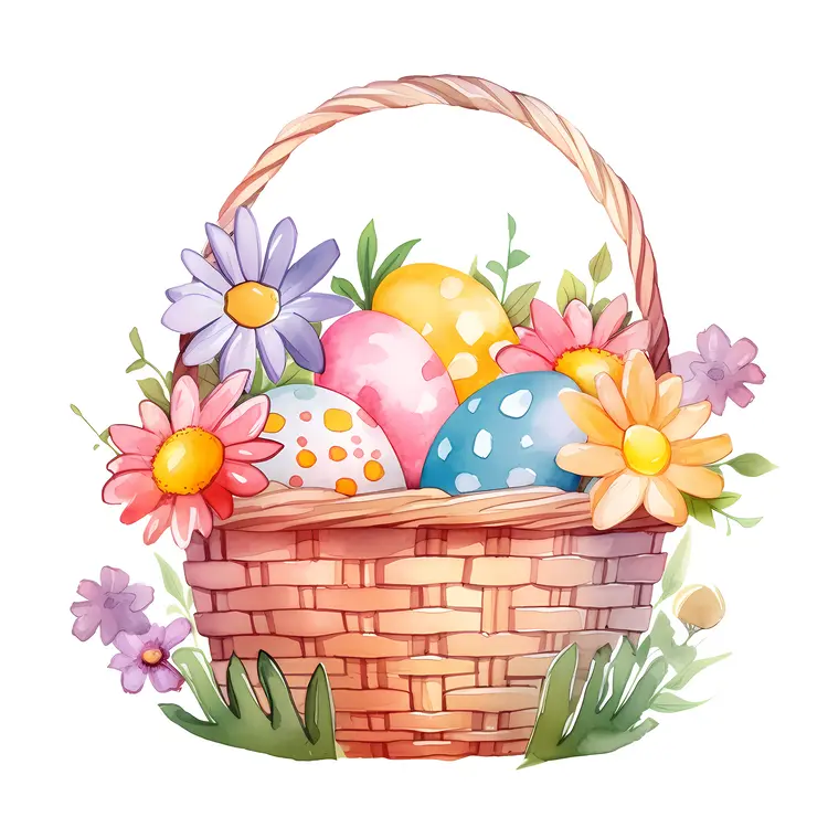 Basket of Easter Eggs with Flowers