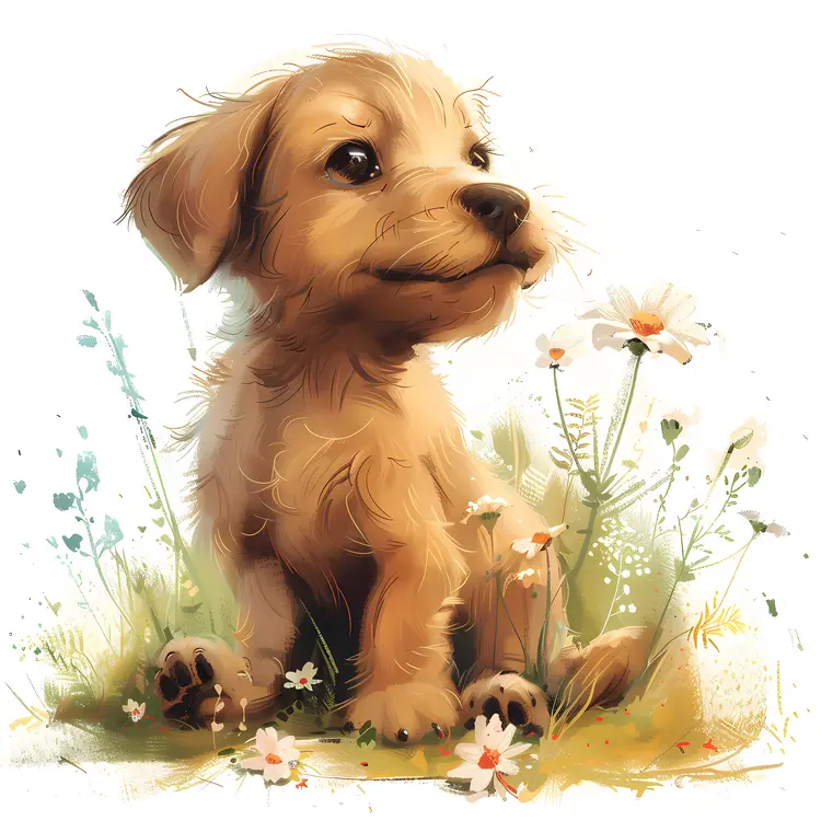 Cute Cartoon Brown Puppy with Flowers