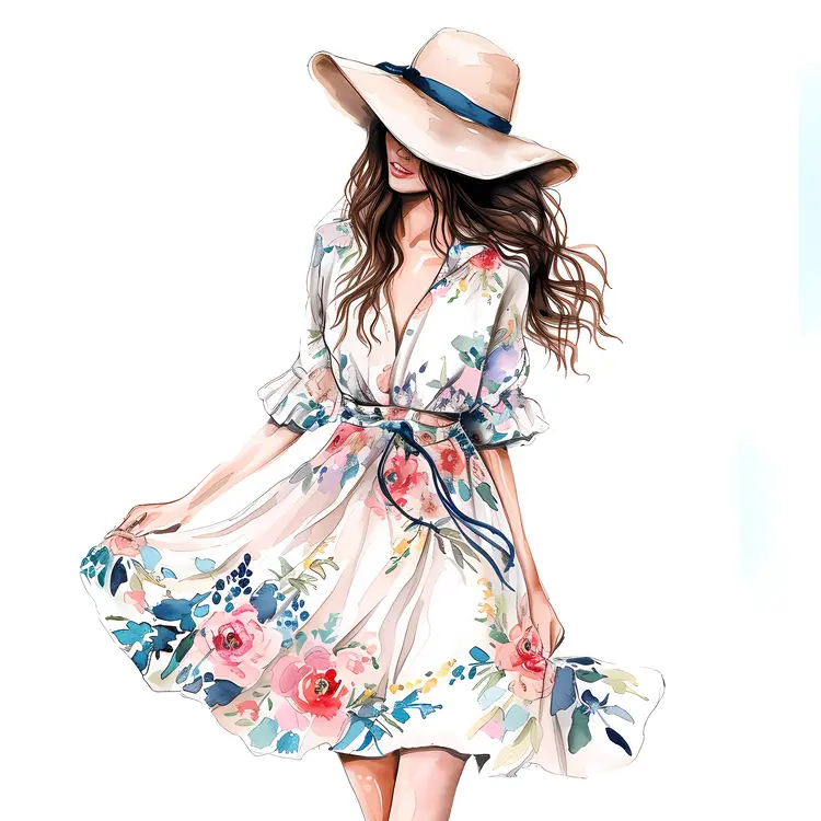 Casual Floral Summer Dress with Hat