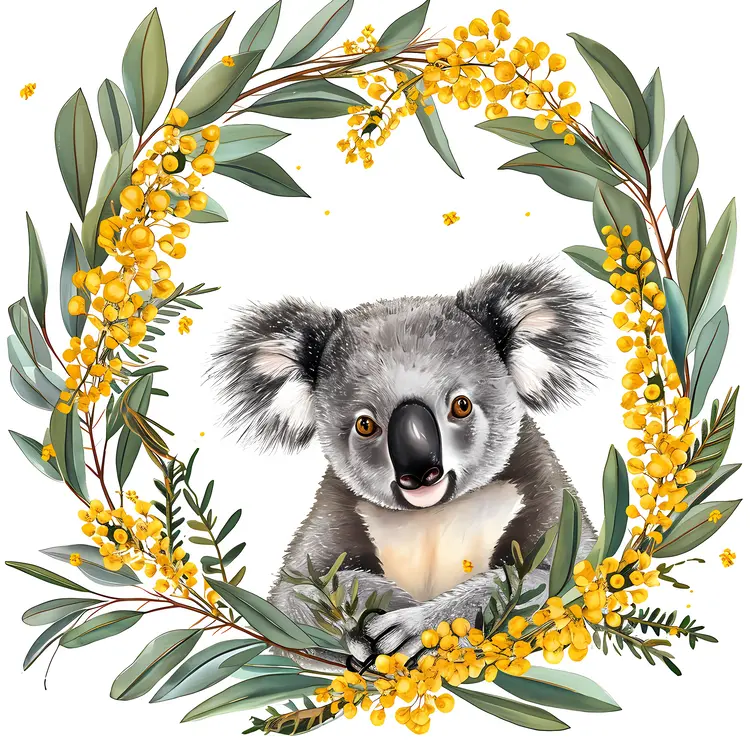 Koala in a Floral Wreath with Yellow Flowers