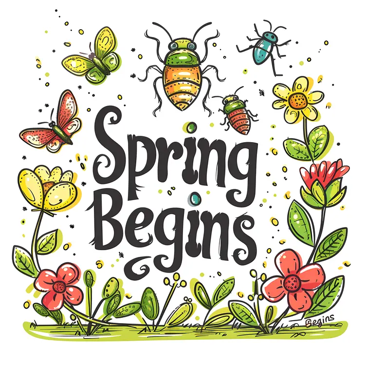 Spring Begins Text with Flowers and Insects