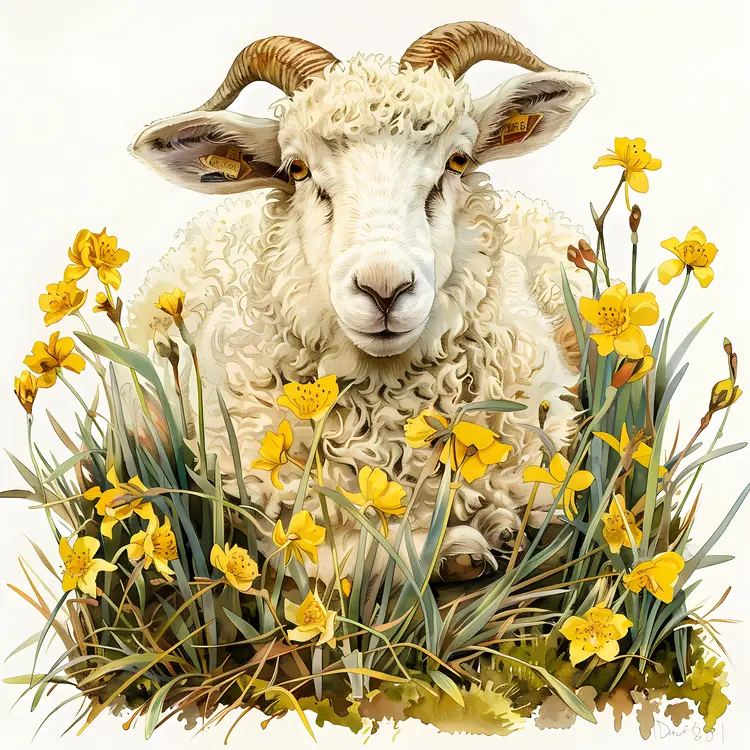 Sheep Resting Among Daffodils