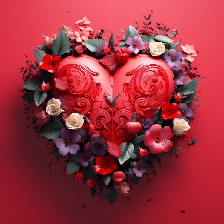 Heart with Red and Purple Flowers for Valentine's Day