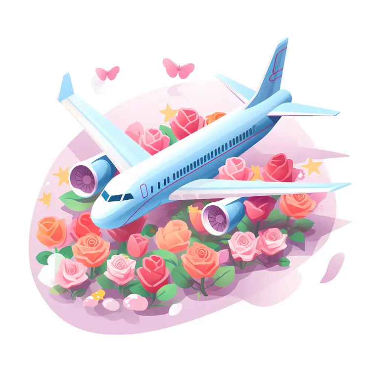 Airplane Surrounded by Colorful Flowers and Butterflies