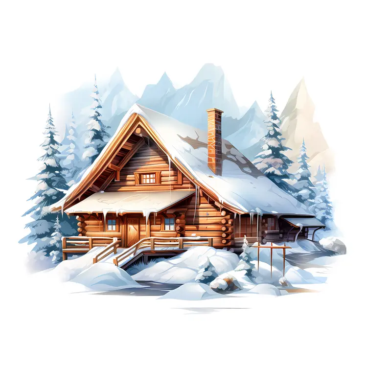 Log Cabin in Snowy Mountain Landscape