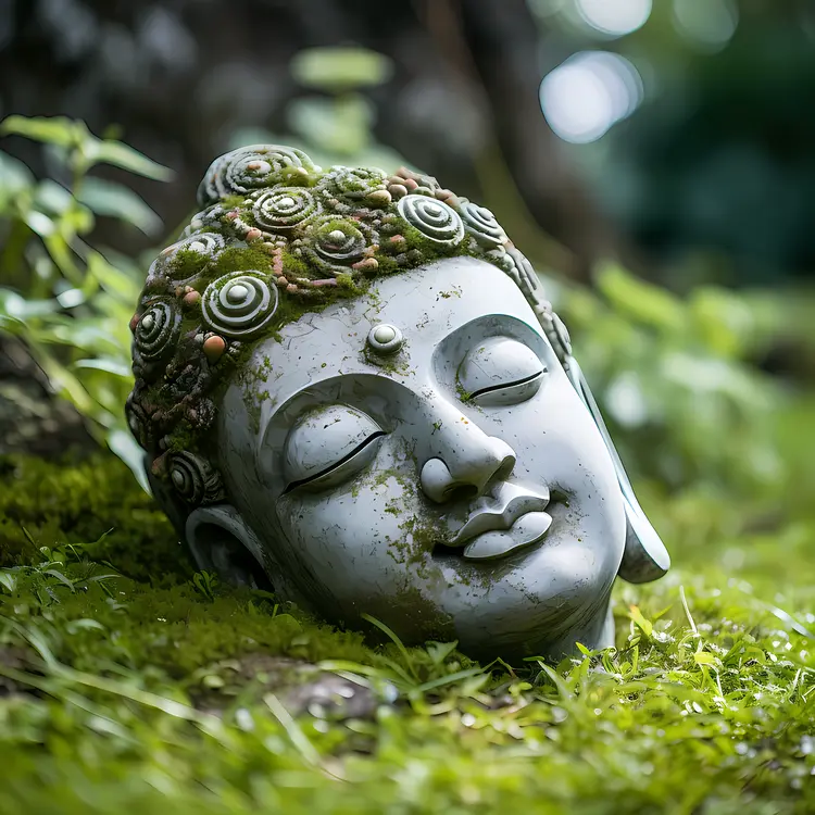 Moss-Covered Buddha Head Statue in Nature
