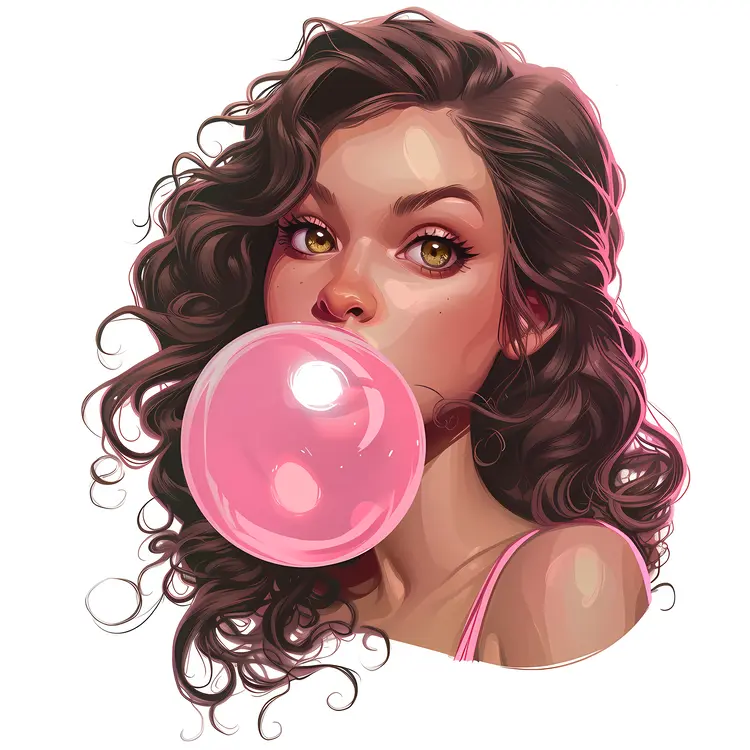 Girl with Curly Hair Blowing Bubblegum