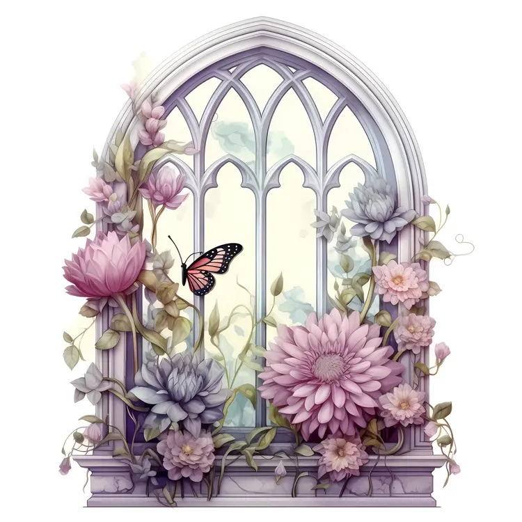 Floral Window with Butterfly