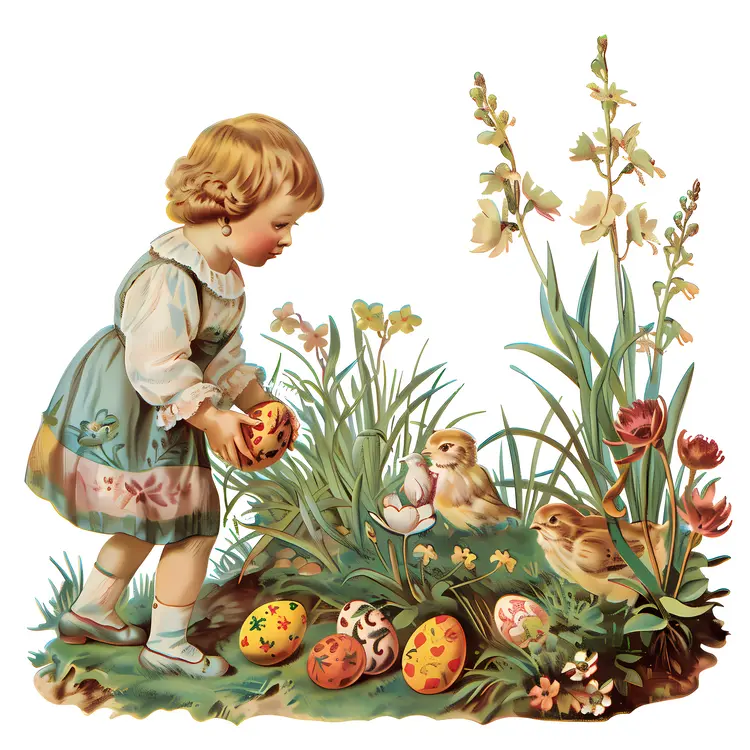 Child Collecting Easter Eggs with Chicks Illustration