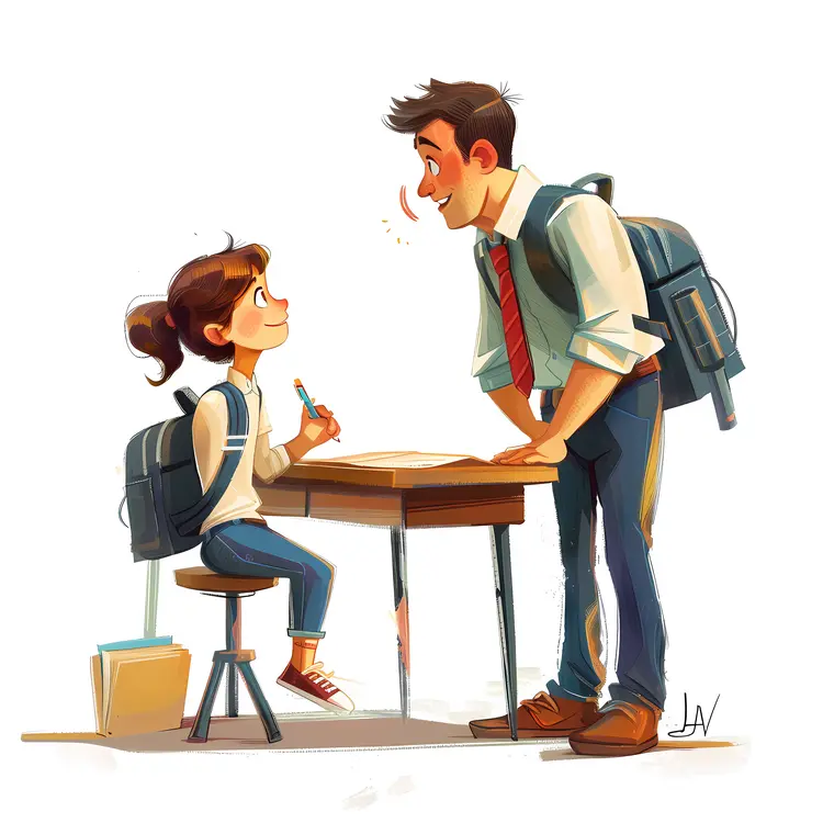 Teacher Helping Student at Desk with Backpacks