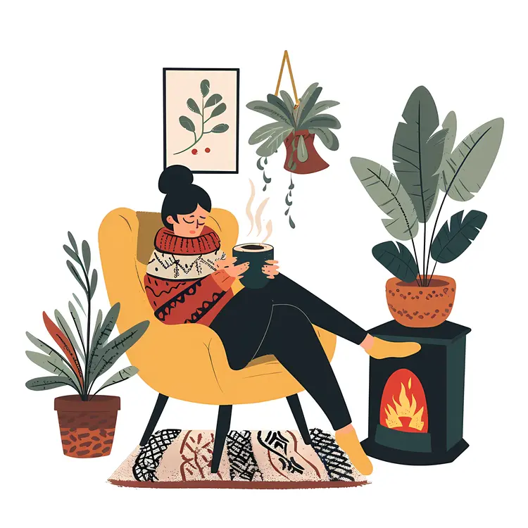 Woman with Tea by Fireplace and Plants