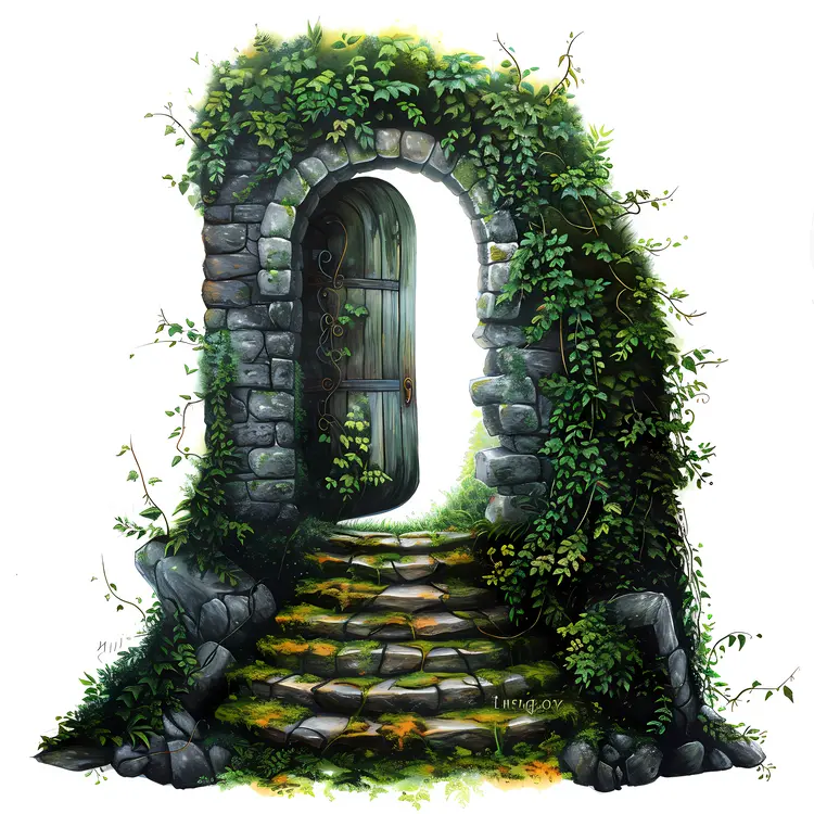 Mystical Stone Doorway with Vines and Steps