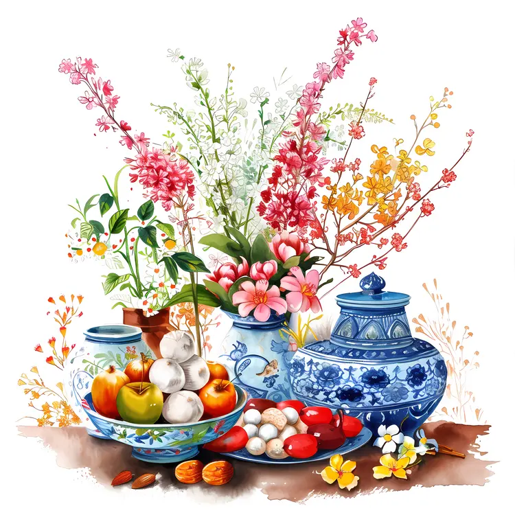 Blue and White Vases with Flowers and Fruits