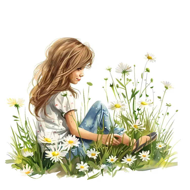 Girl Sitting in a Field of Daisies