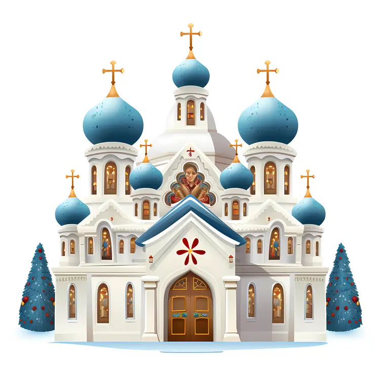 Blue Domed Church with Christmas Trees