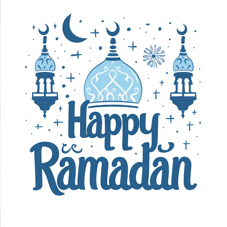 Blue Happy Ramadan with Mosque and Lanterns
