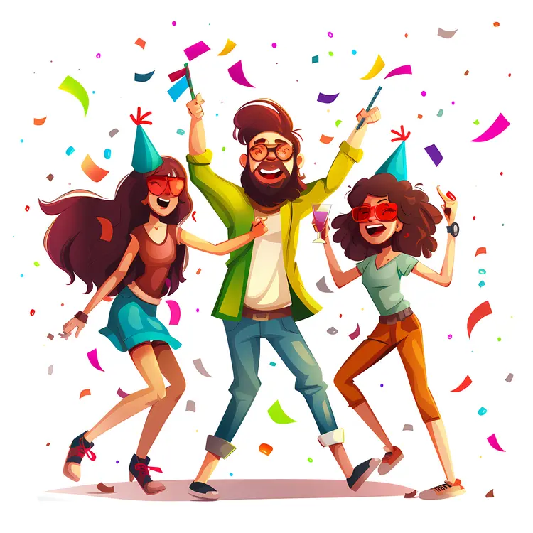 Friends Celebrating with Balloons and Confetti