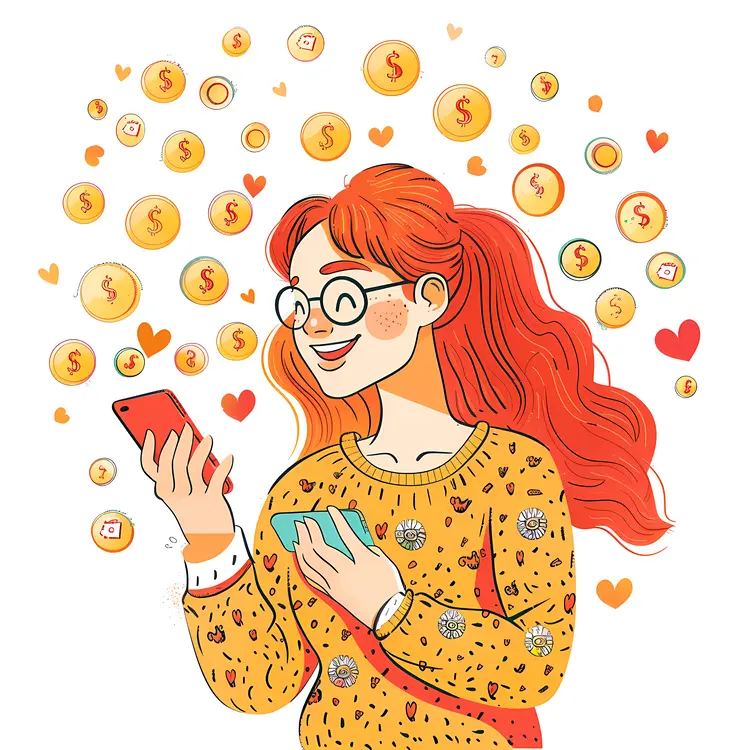 Woman with Phone and Credit Card Surrounded by Coins