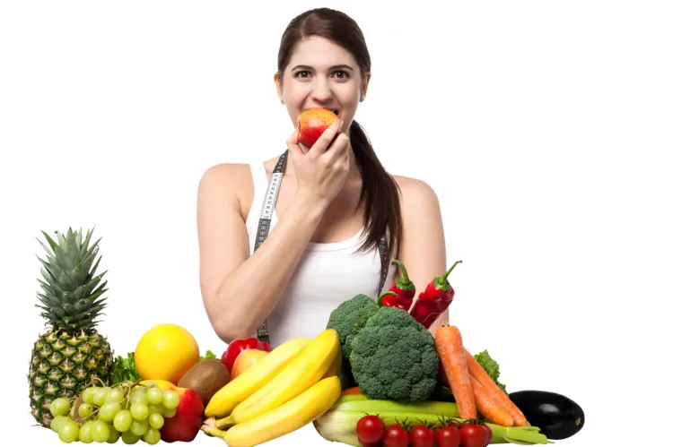 Woman Eating Apple with Healthy Fruits and Vegetables