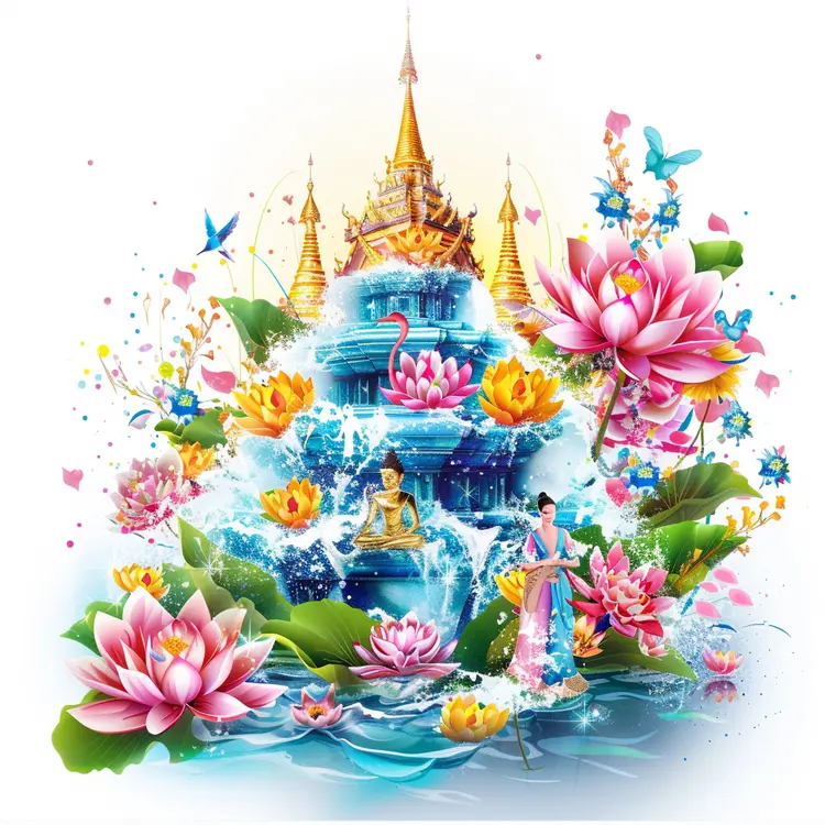 Buddha Statue with Lotus Flowers and Temple